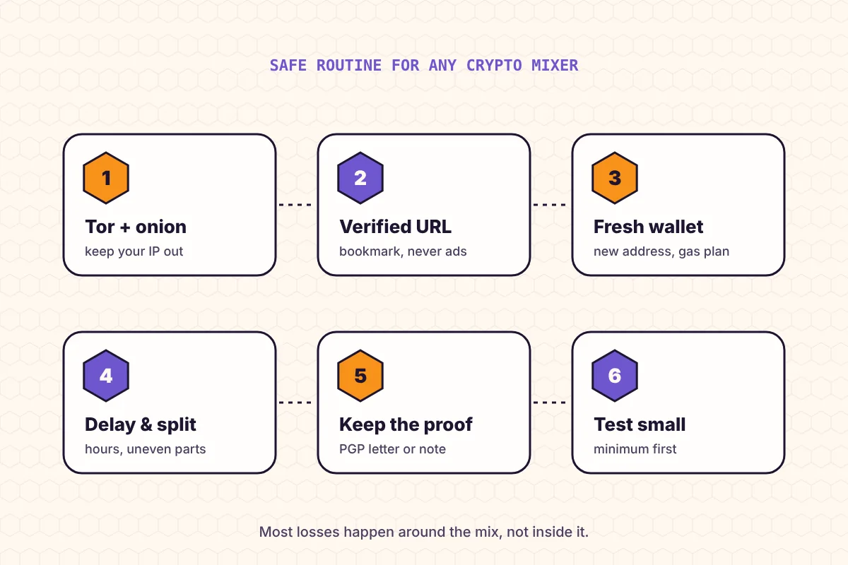 Safety routine for mixing: Tor, verified address, fresh wallet, gas plan, test amount